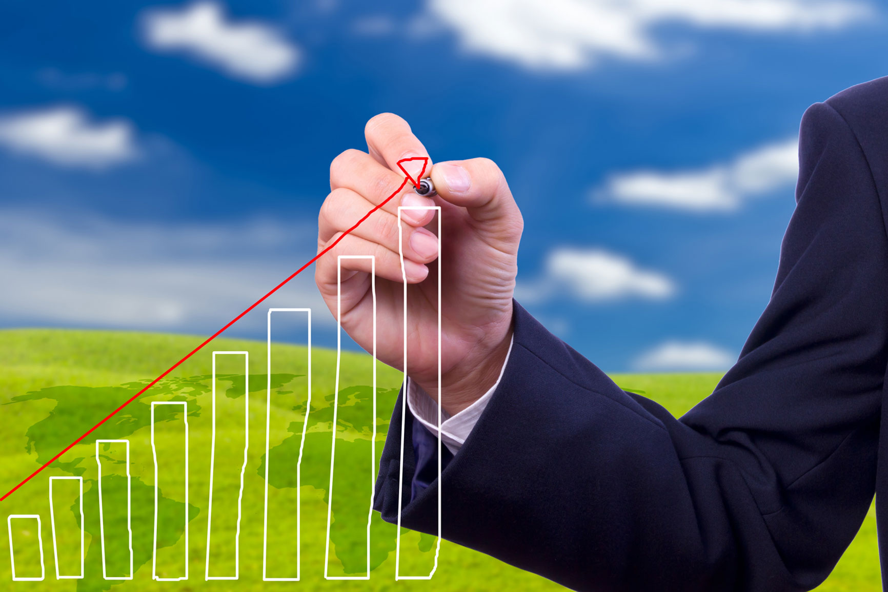 Economy post. Investment isolated. Cheap photo stock. Man's hand pointing graph of success in 2023 year
